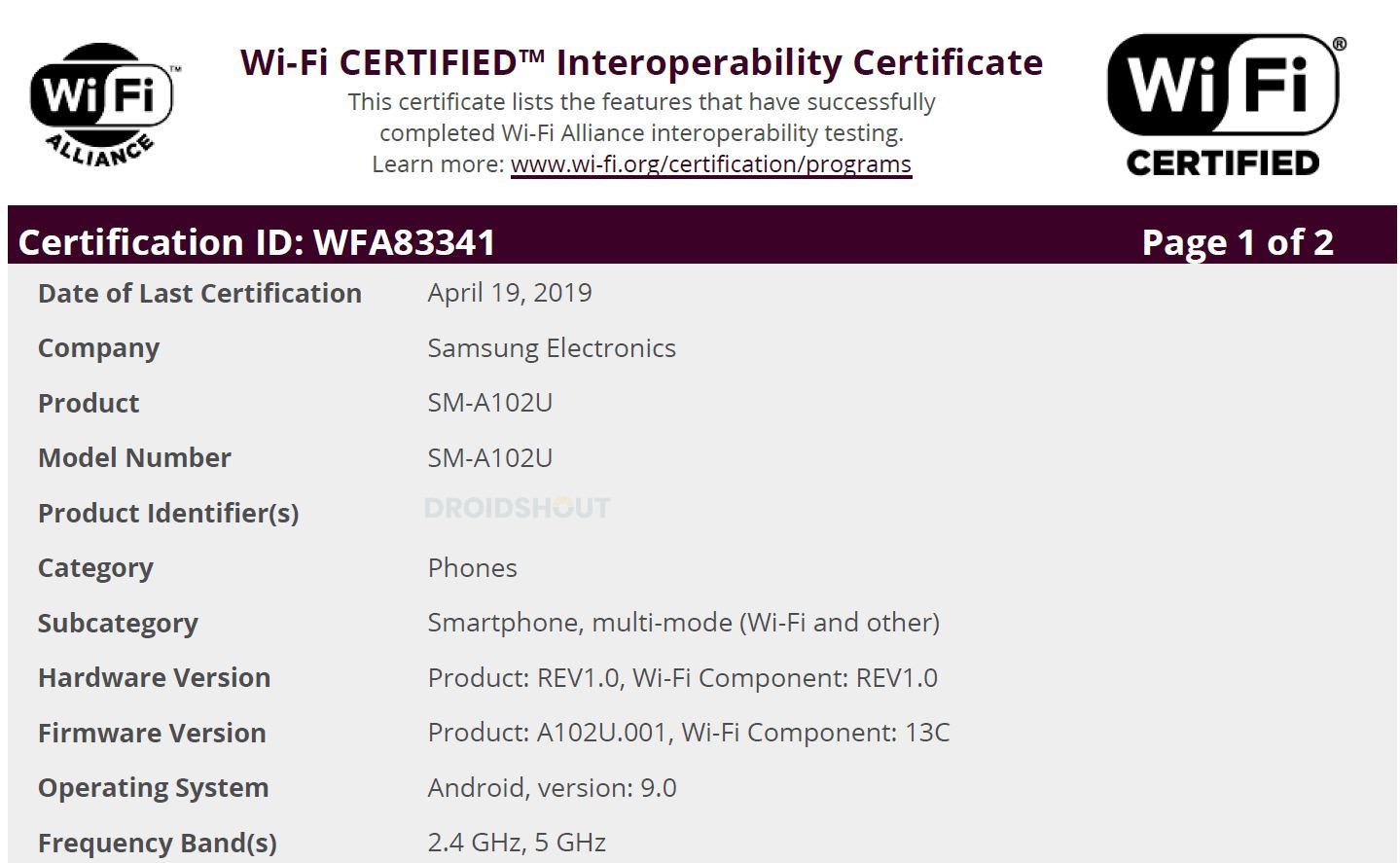 Galaxy A10e Wi-Fi Certified? 