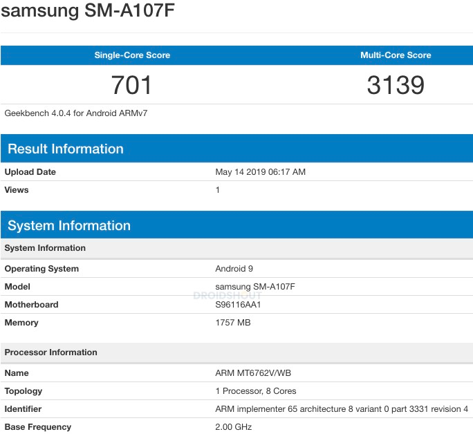 Samsung Galaxy A10e / A10s Geekbench